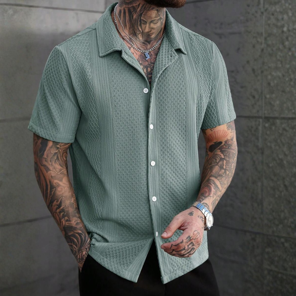 Solid Jacquard Knit Short Sleeve Shirt For Men