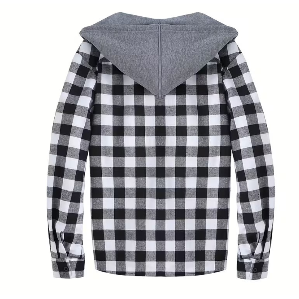 Plaid Hooded Jacket With Button Front And Long Sleeves