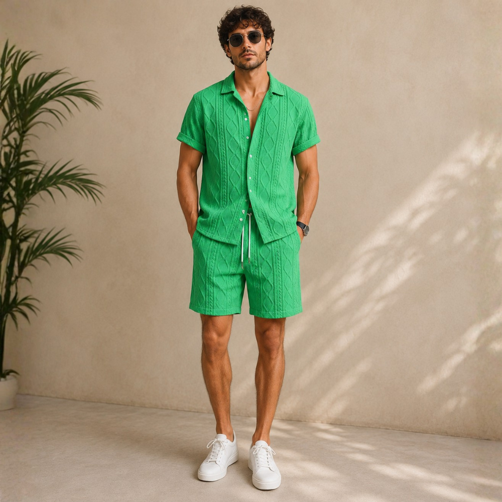 Waffle Knit Button Down Shirt and Shorts Set For Men