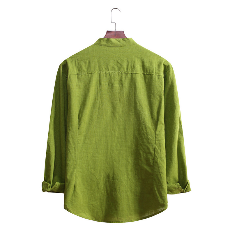 Men's Standing Collar Cotton Linen Long Sleeve Shirt