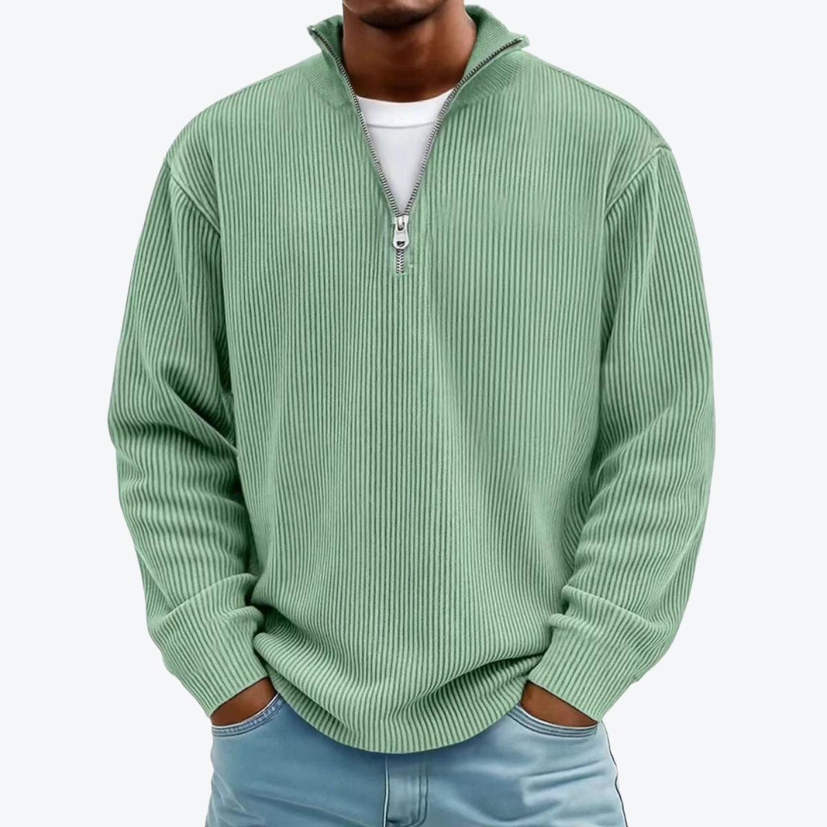 Men Corduroy Zipper Stand Collar Sweatshirt