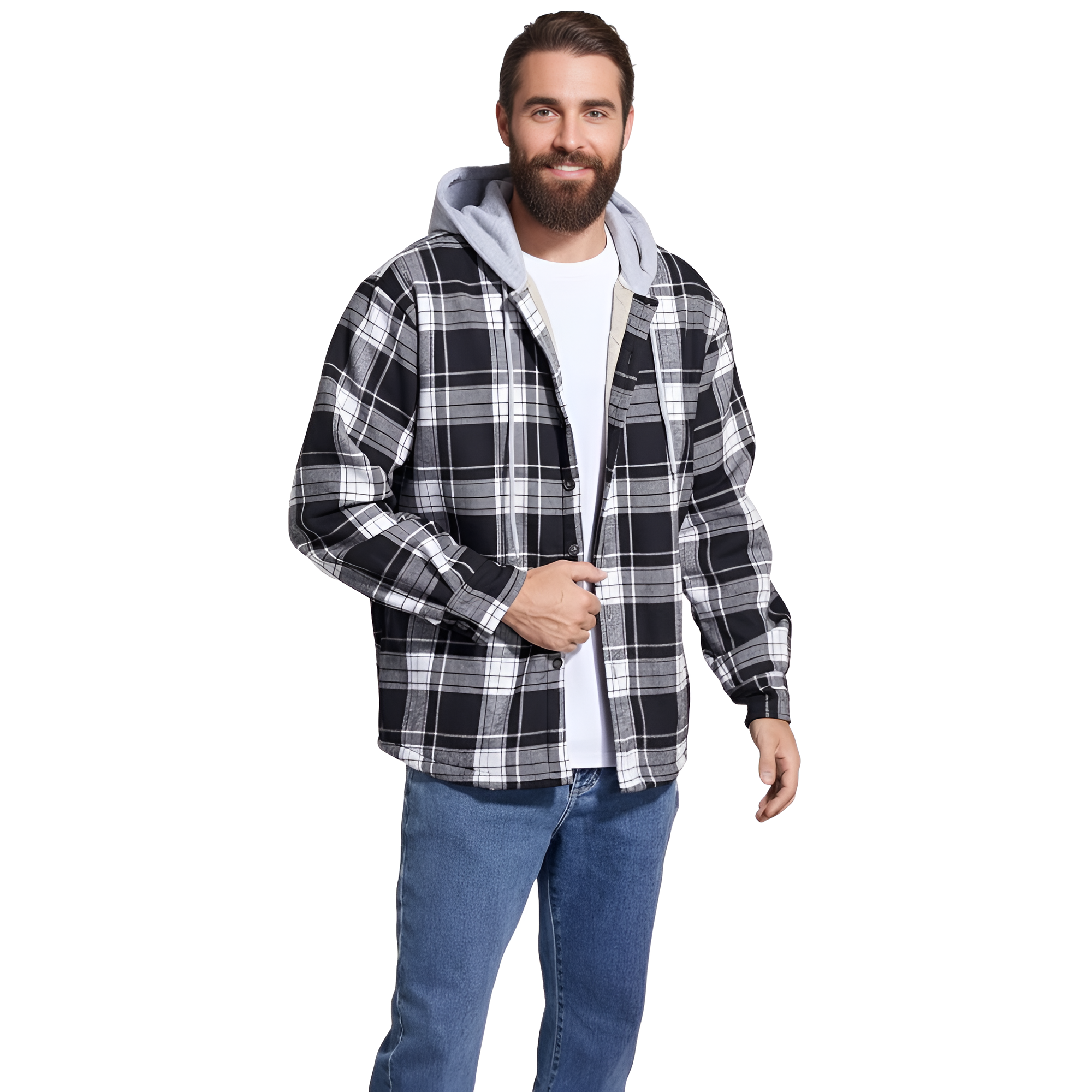 Men's Cotton Plaid Shirts Jacket Fleece Lined Flannel Shirts Sherpa Button Down Jackets with Hood for Men