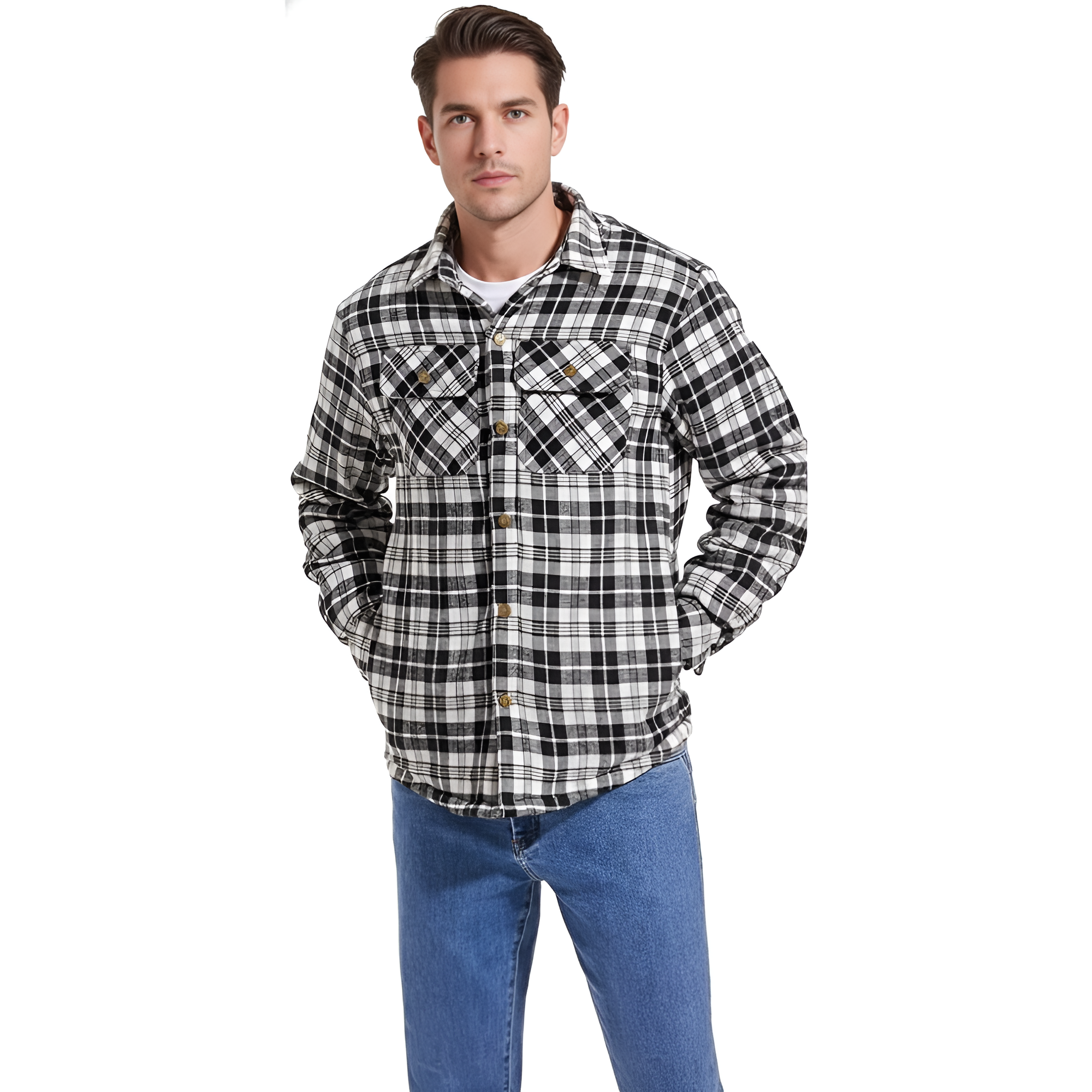 Men's Sherpa Lined Cotton Flannel Shirt Jacket Plaid Button Up Jacket Coat for Men with Pocket