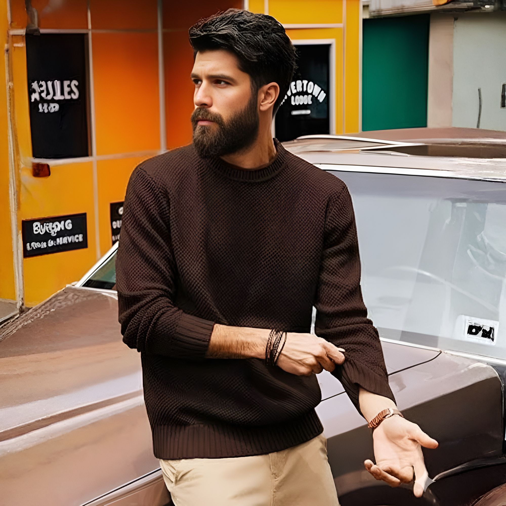  Mens Sweater Waffle Knit Crewneck Sweater Textured Long Sleeve Pullover