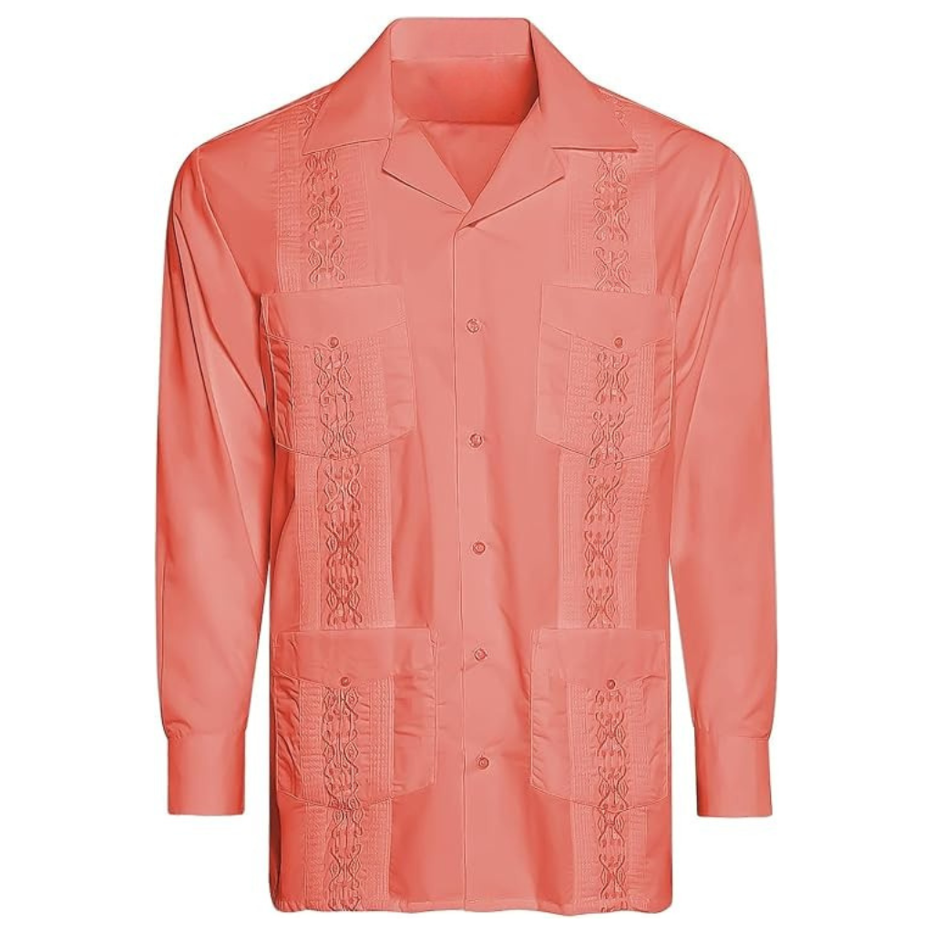 Embroidered Long Sleeve Cuban Collar Casual Button Shirt For Men