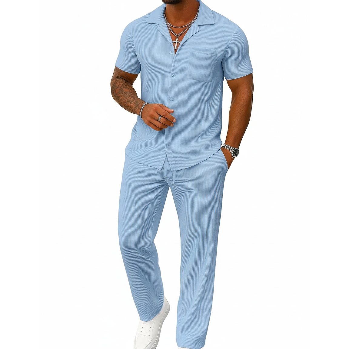 Casual Summer Short Sleeve Shirt With Pant Set For Men