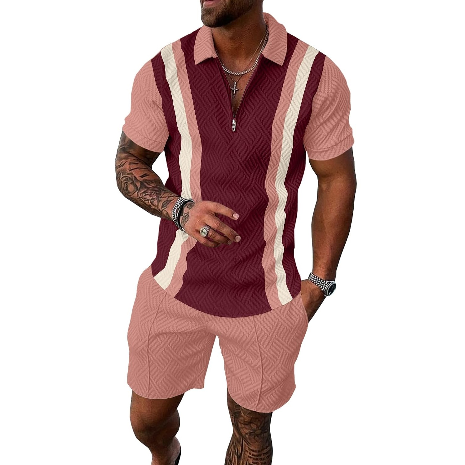 Summer Track Short Sleeve Suit Set With Zip For Men