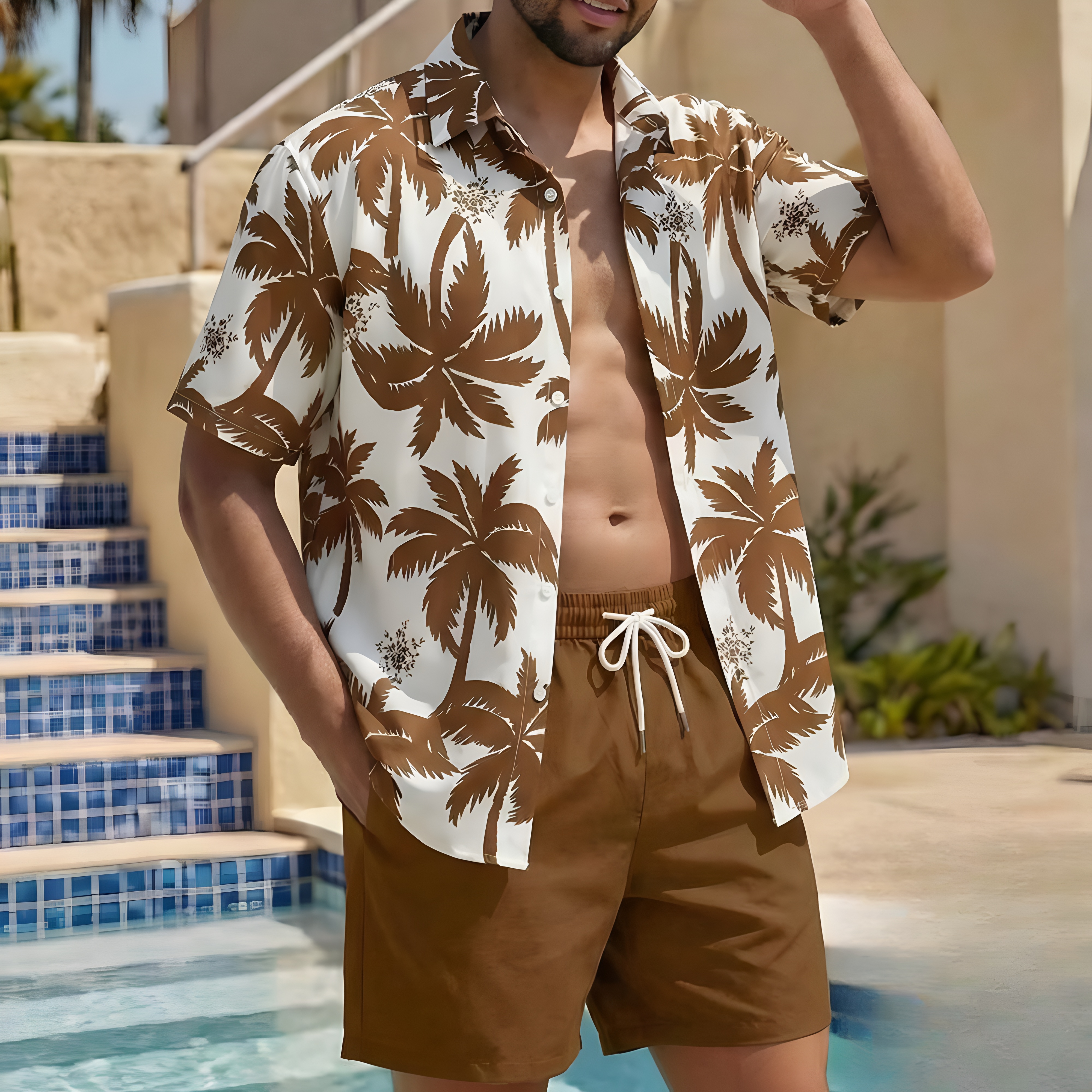 Summer Vacation House Print Short Sleeve Shirt And Shorts Set For Men