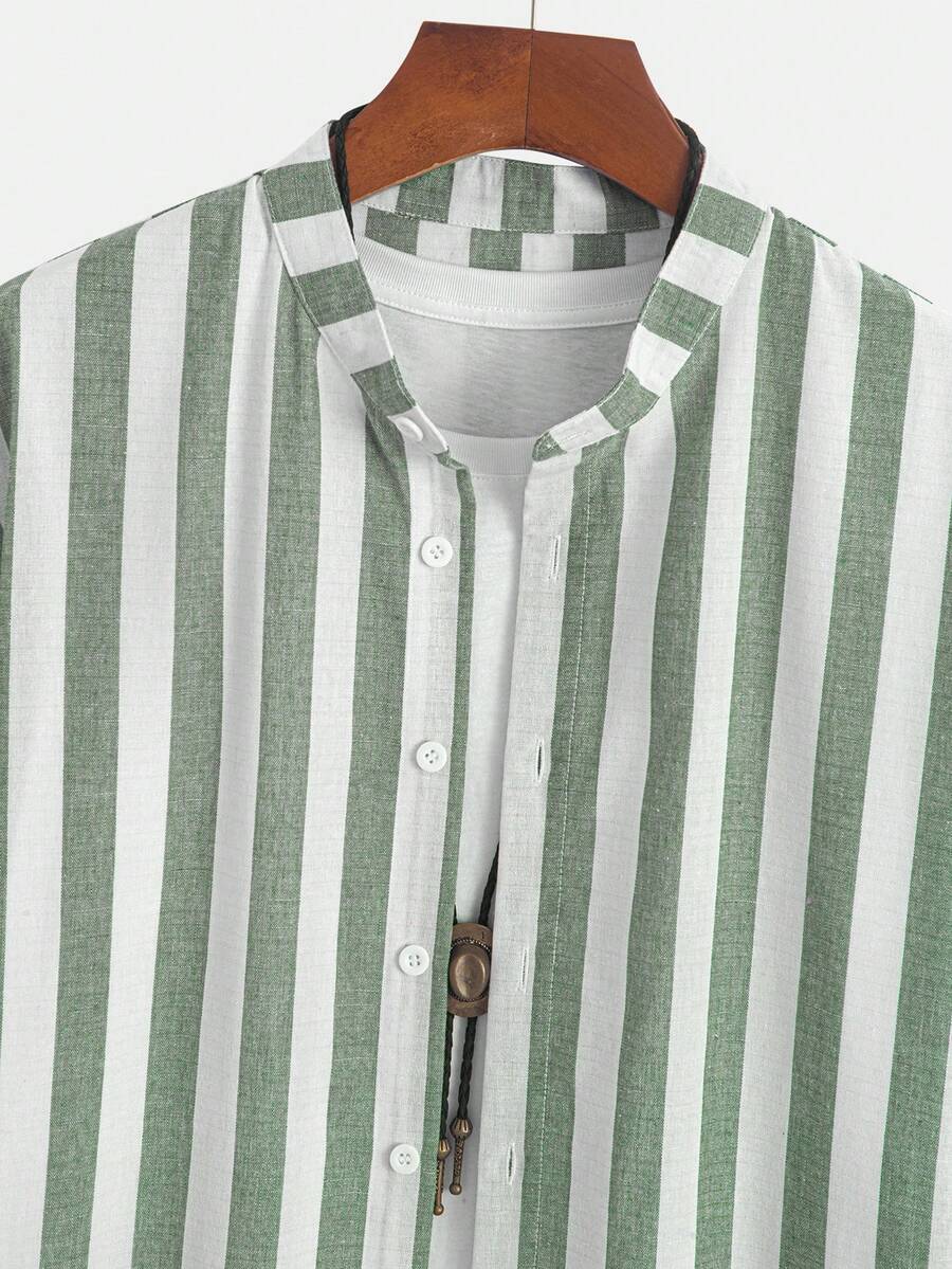 Fashionable Striped Men's Shirt, Summer Casual Long Sleeve Button-Up Collared Shirt, Versatile For Dates, Beach, Vacation - Gray green - View 4
