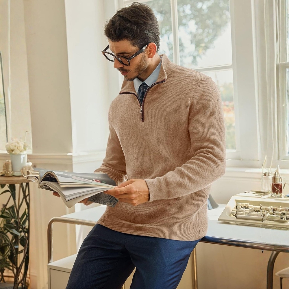 Mens Quarter-Zip Pullover Sweater Casual Mock Neck Warm Ribbed Polo Sweaters