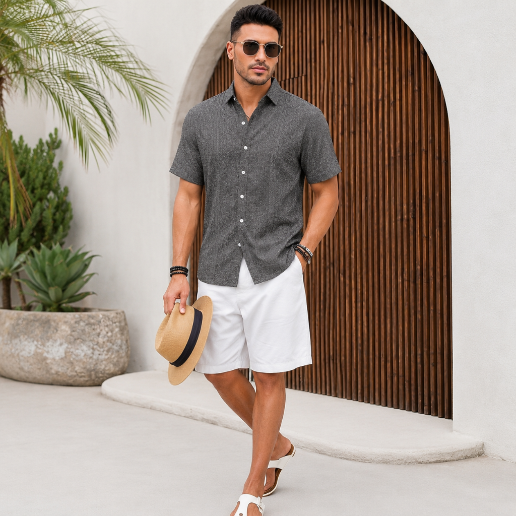 Casual Guayabera Short Sleeve Button Down Shirts For Men
