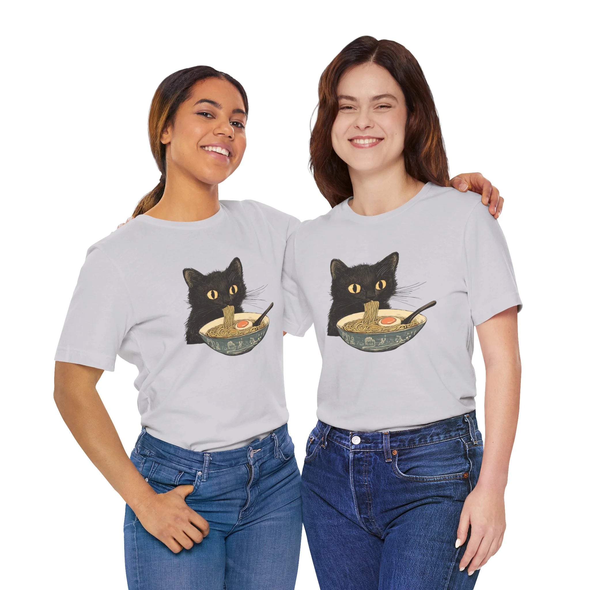 Cat Eating Bowl Of Ramen Noodles Printed T Shirt