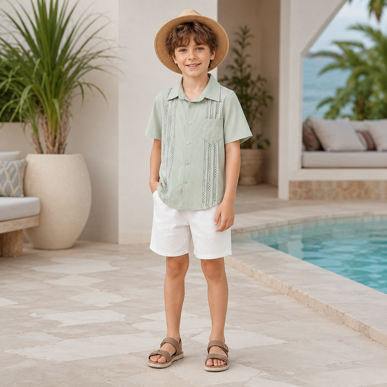 Summer Beach Shirt With Guayabera Design And Pocket For Boys