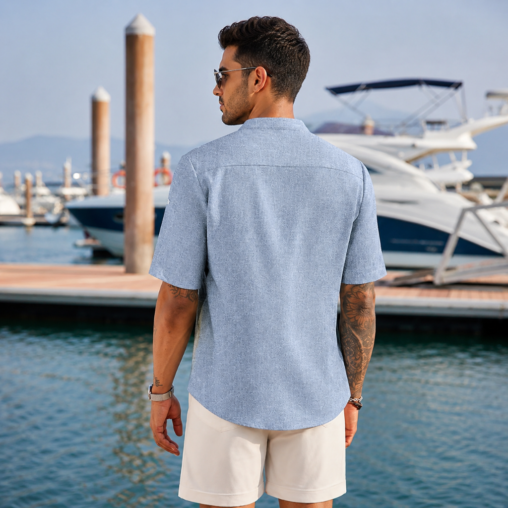 Casual Henley Short Sleeve Summer Wear Shirts For Men With Band Collar