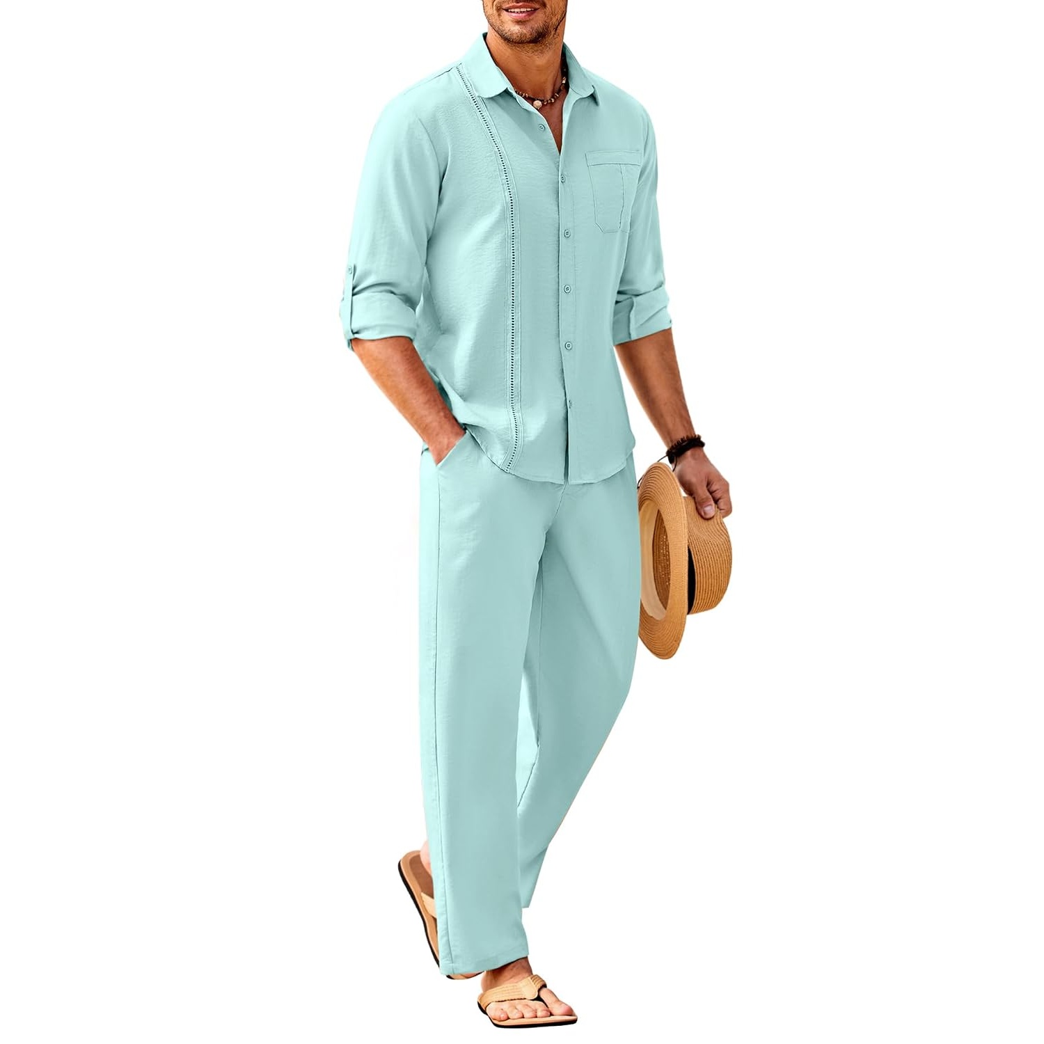Summer Down Pant And Long Sleeve Shirt Set For Men