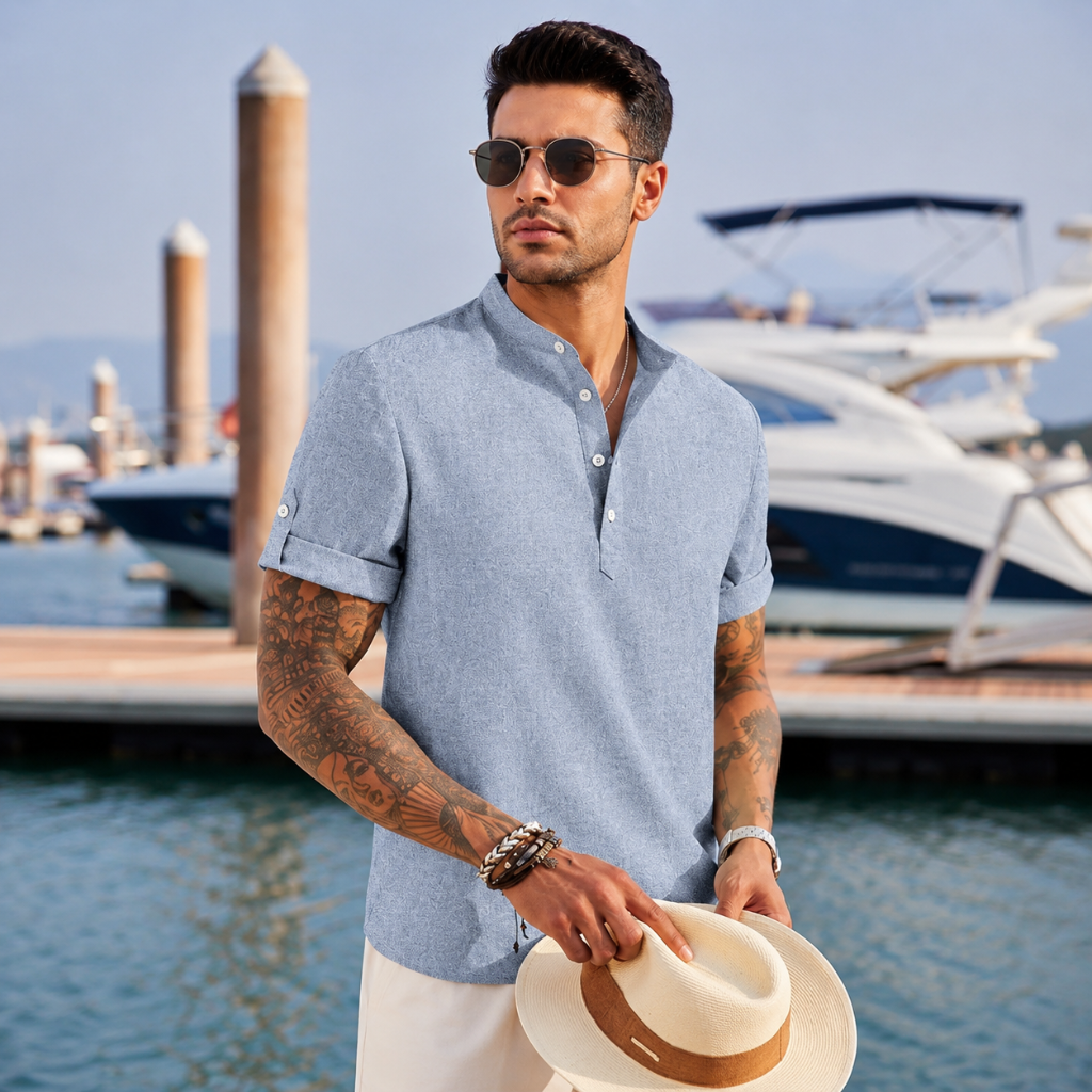 Casual Henley Short Sleeve Summer Wear Shirts For Men With Band Collar