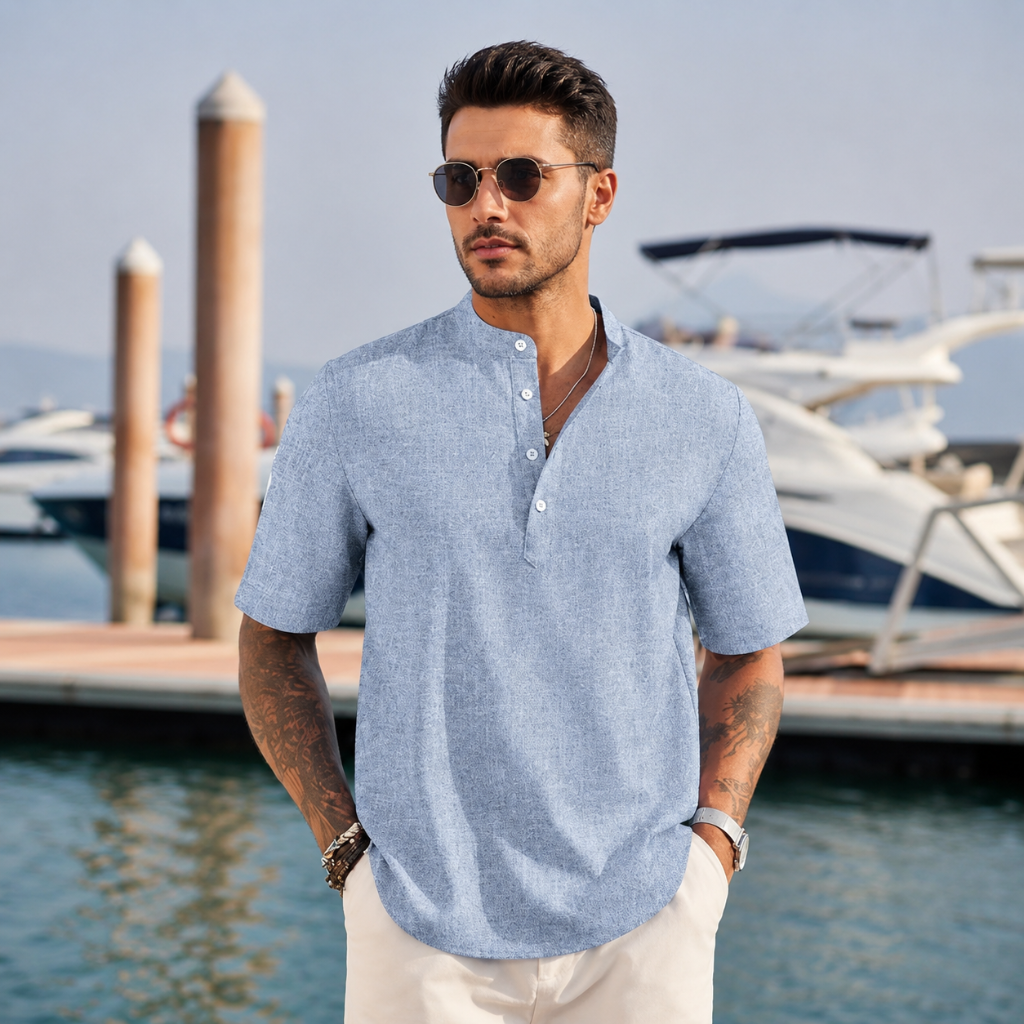 Casual Henley Short Sleeve Summer Wear Shirts For Men With Band Collar