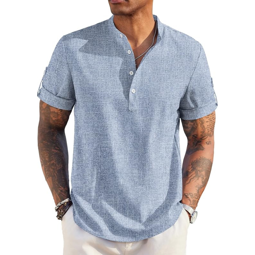 Casual Henley Short Sleeve Summer Wear Shirts For Men With Band Collar