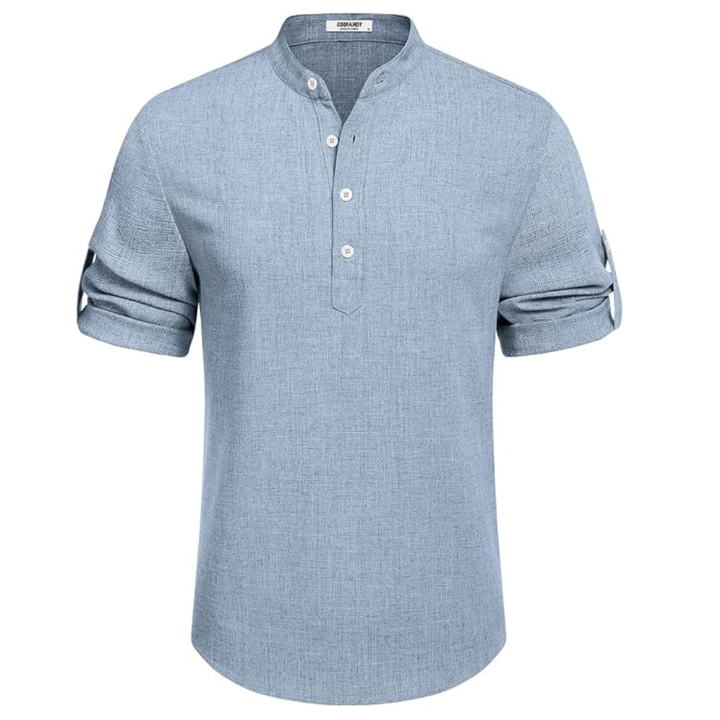 Casual Henley Short Sleeve Summer Wear Shirts For Men With Band Collar
