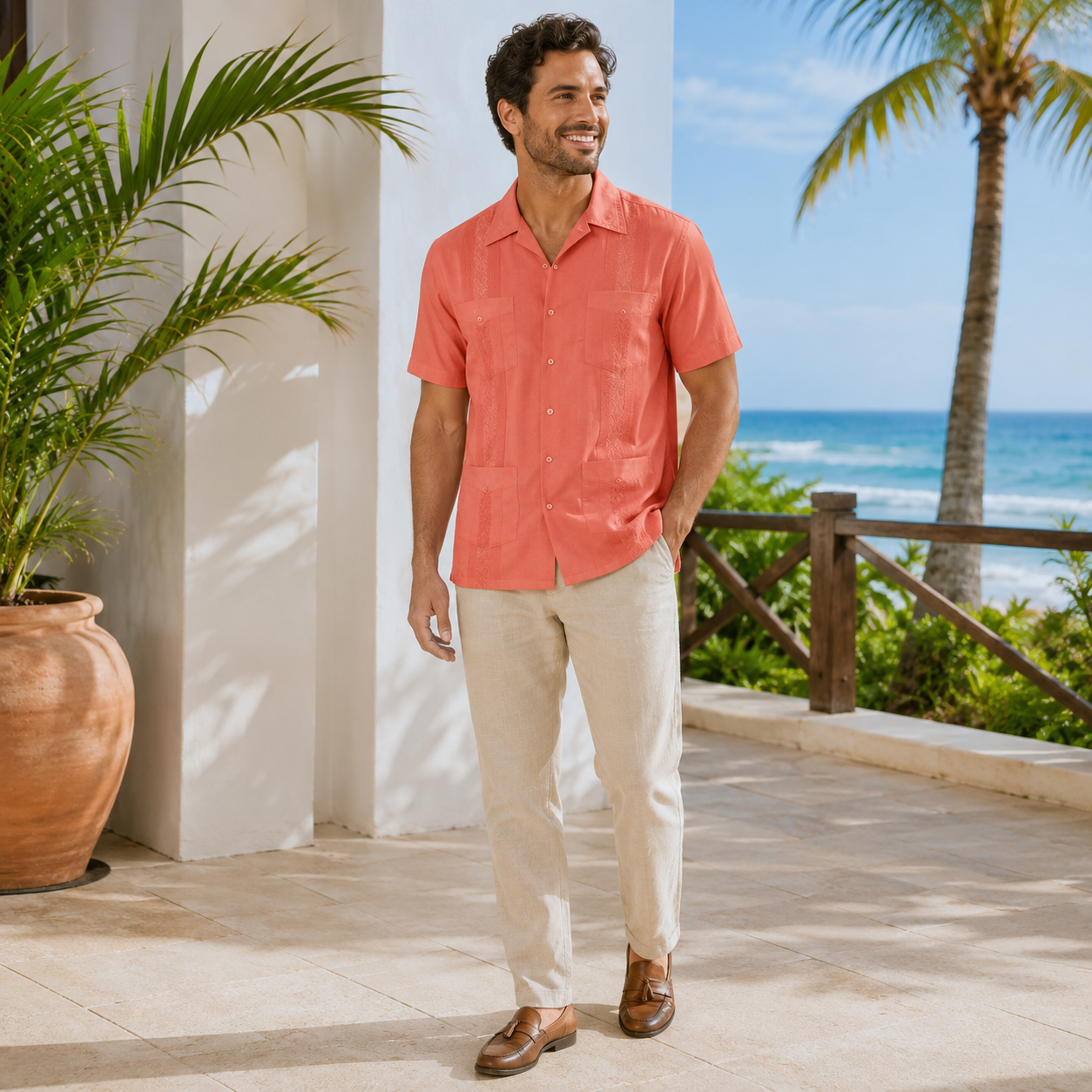 Short Sleeve Guayabera Shirt With Cuban Design For Men
