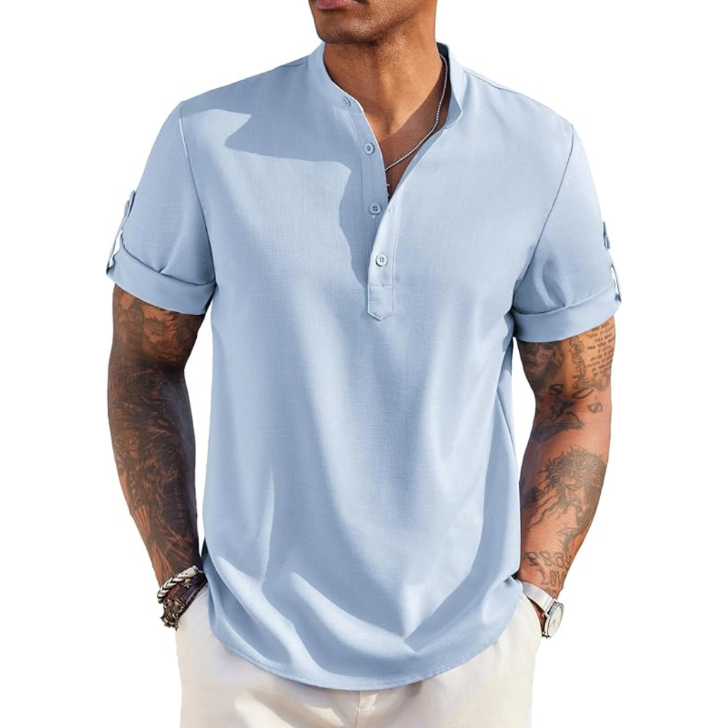 Casual Henley Short Sleeve Summer Wear Shirts For Men With Band Collar