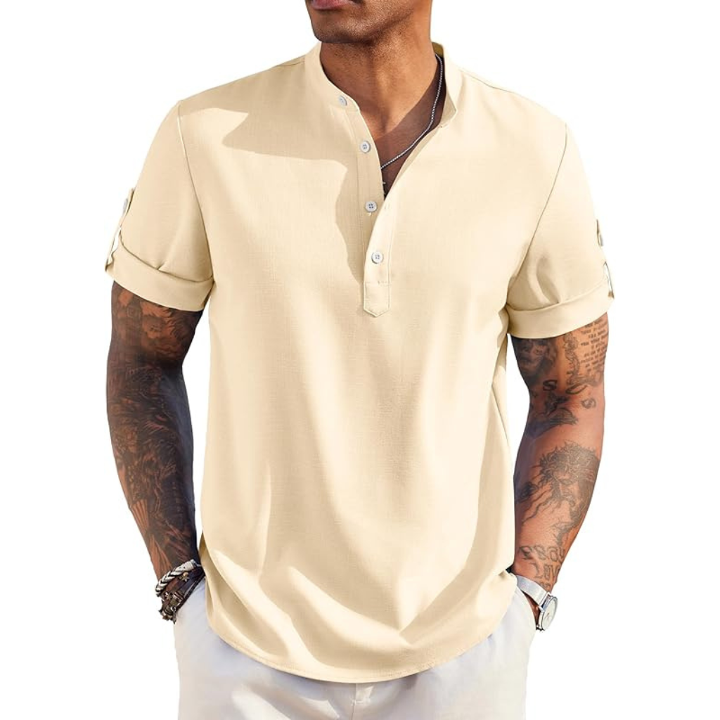 Casual Henley Short Sleeve Summer Wear Shirts For Men With Band Collar