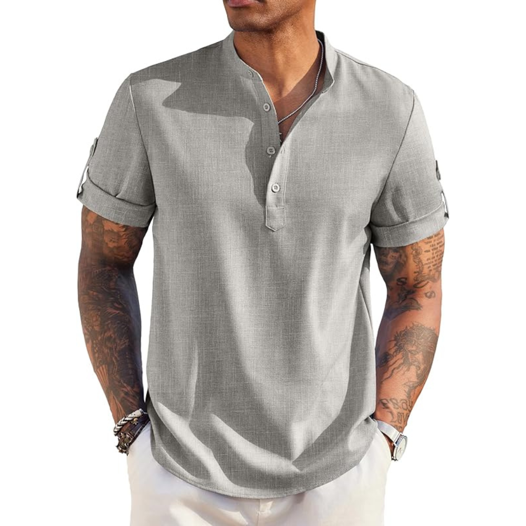 Casual Henley Short Sleeve Summer Wear Shirts For Men With Band Collar