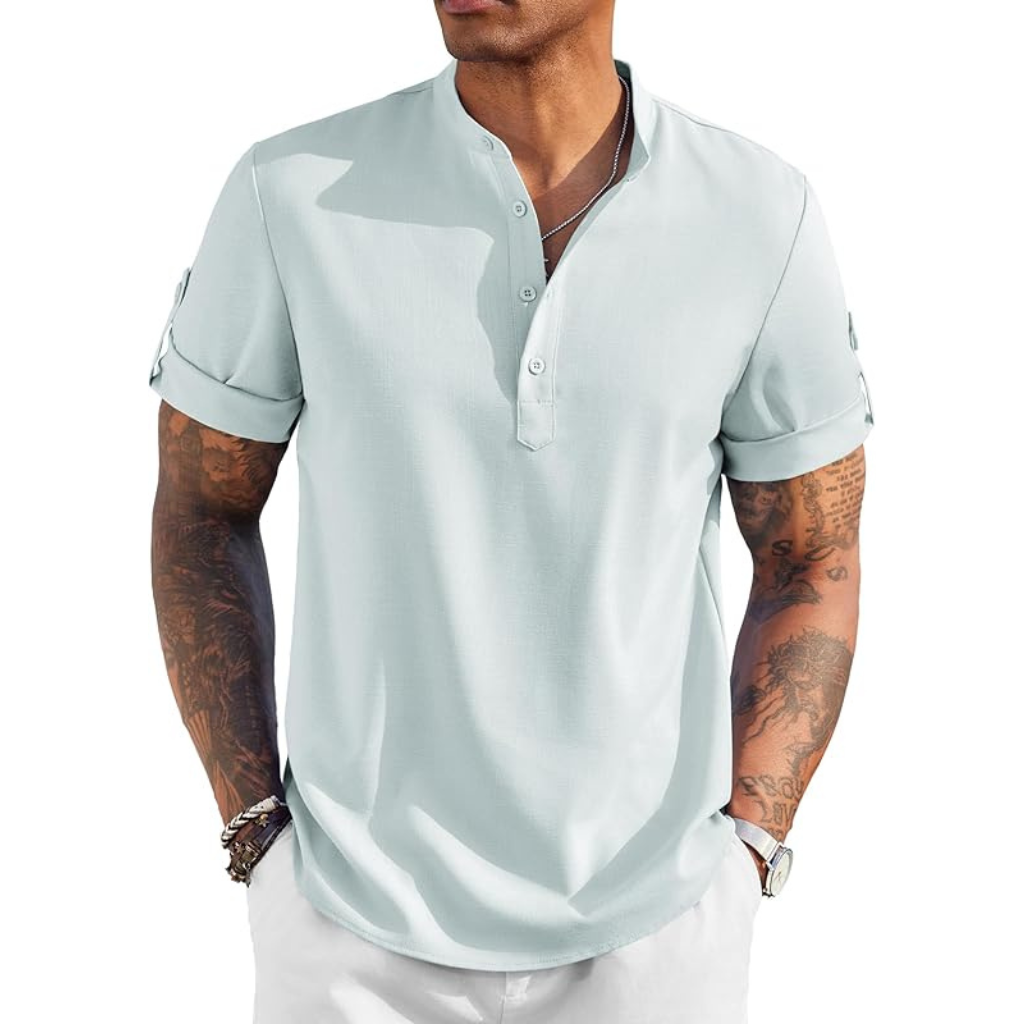 Casual Henley Short Sleeve Summer Wear Shirts For Men With Band Collar