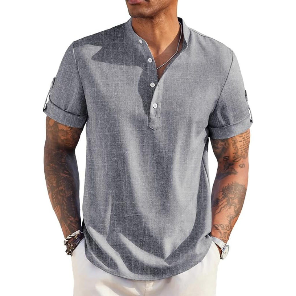 Casual Henley Short Sleeve Summer Wear Shirts For Men With Band Collar