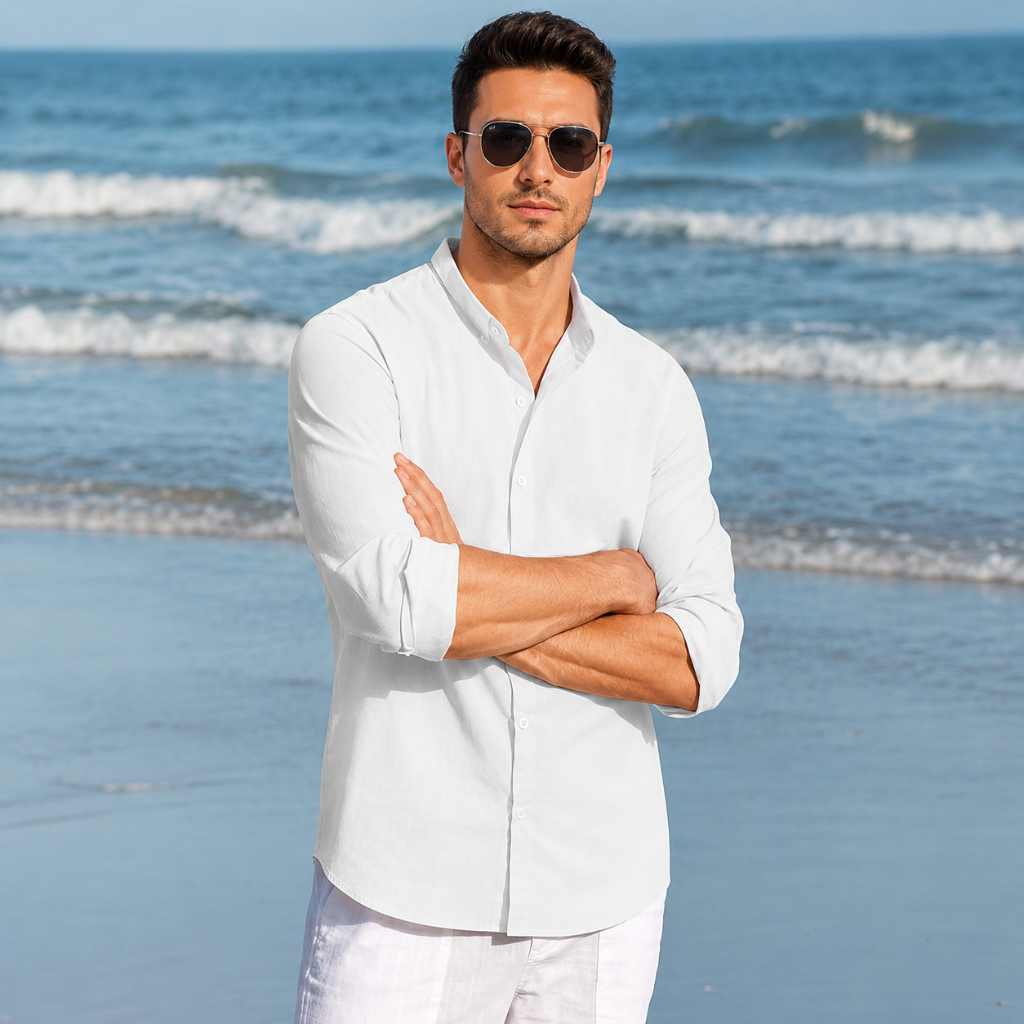 Button Down Long Sleeve Beach Wear Shirts For Men