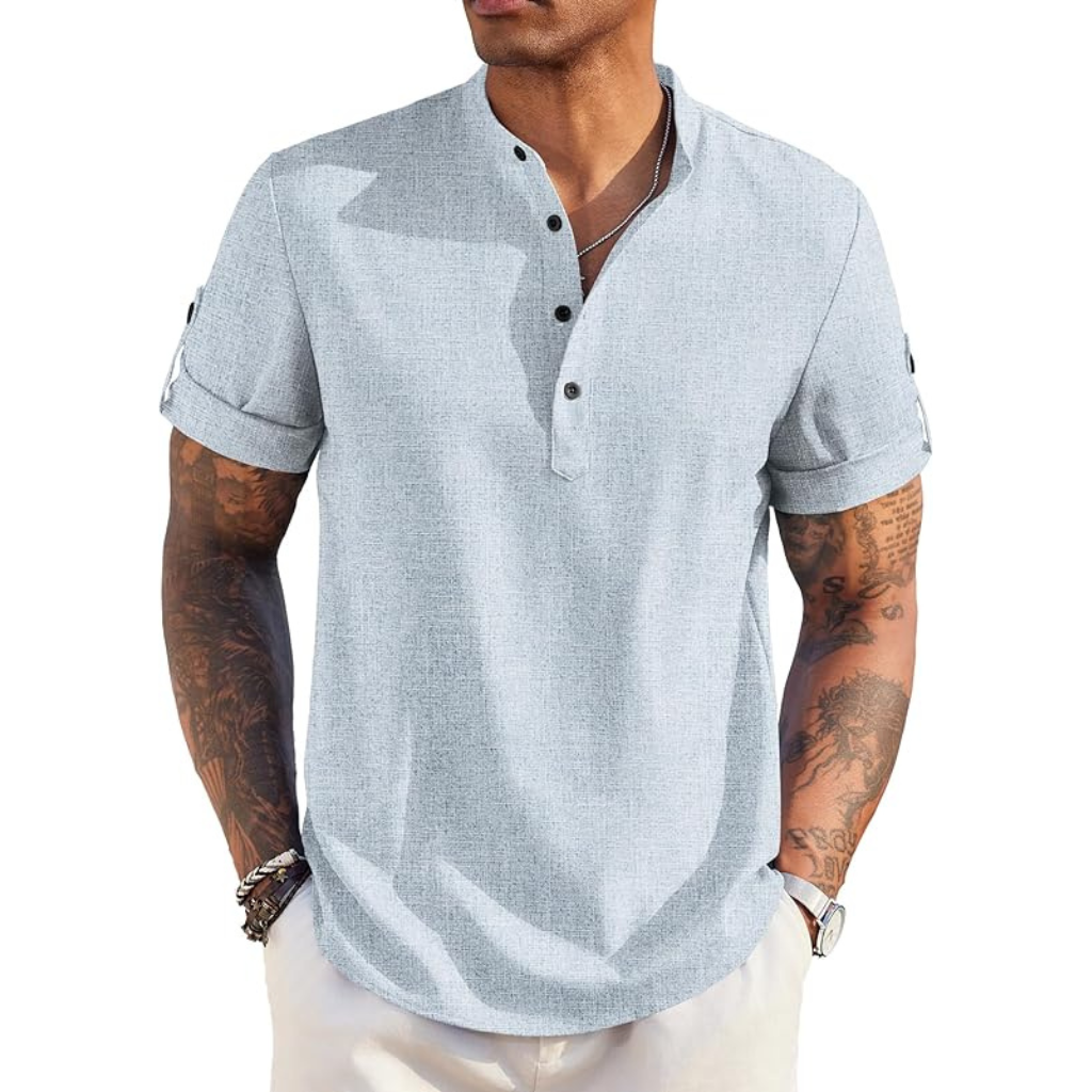 Casual Henley Short Sleeve Summer Wear Shirts For Men With Band Collar