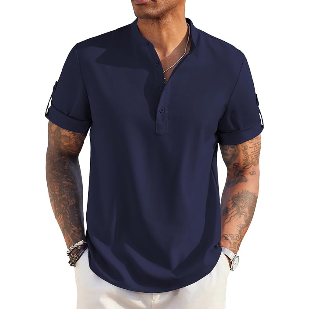 Casual Henley Short Sleeve Summer Wear Shirts For Men With Band Collar