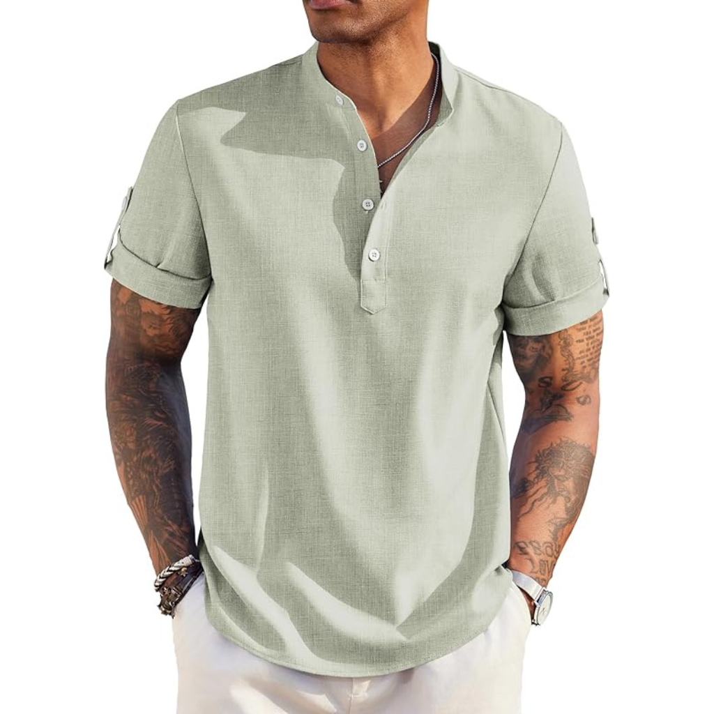 Casual Henley Short Sleeve Summer Wear Shirts For Men With Band Collar