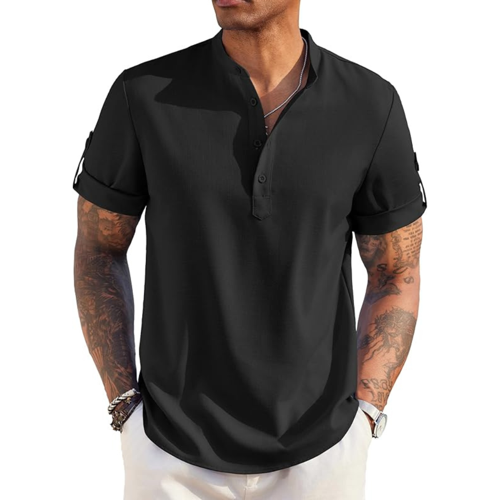 Casual Henley Short Sleeve Summer Wear Shirts For Men With Band Collar