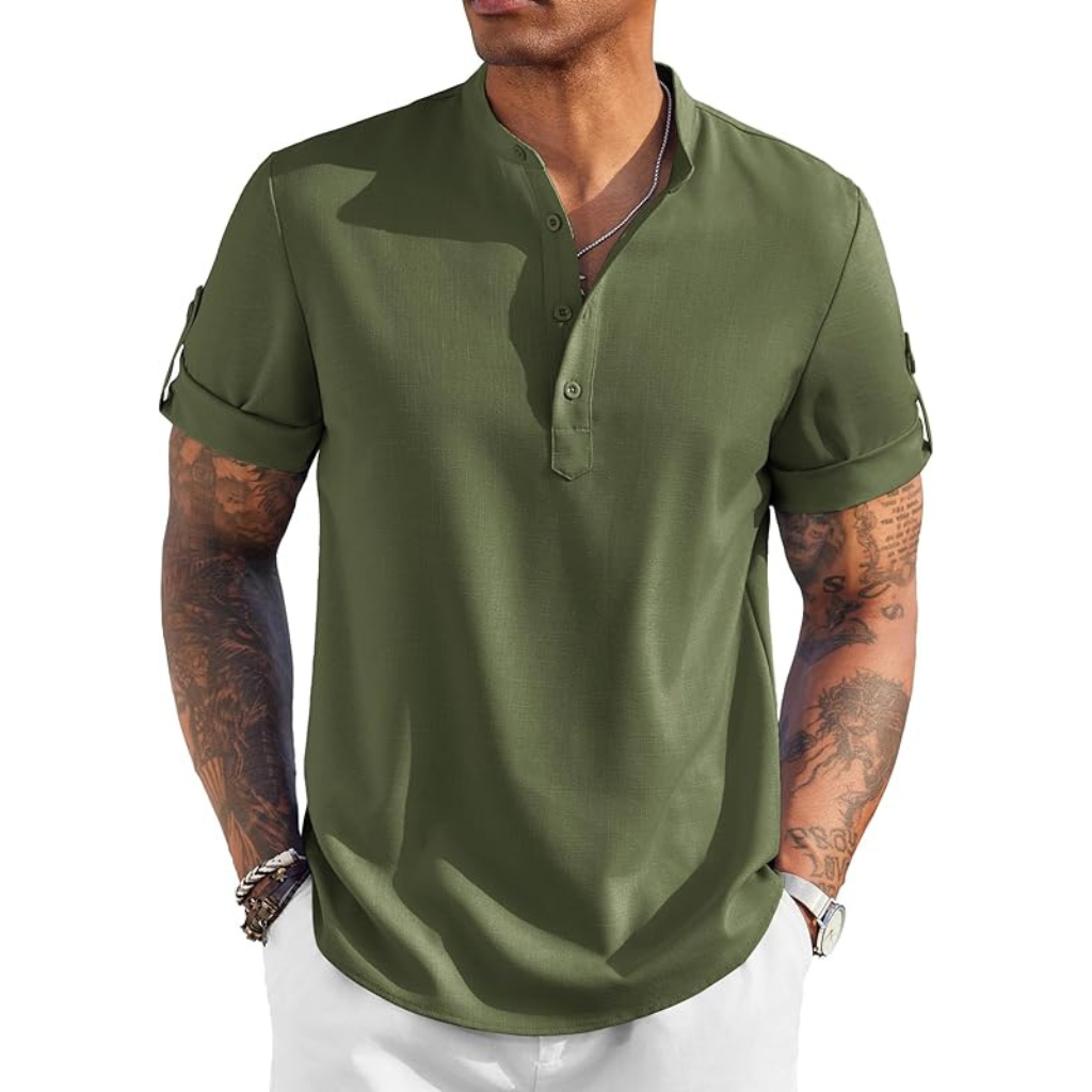 Casual Henley Short Sleeve Summer Wear Shirts For Men With Band Collar