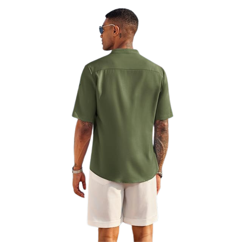 Casual Henley Short Sleeve Summer Wear Shirts For Men With Band Collar