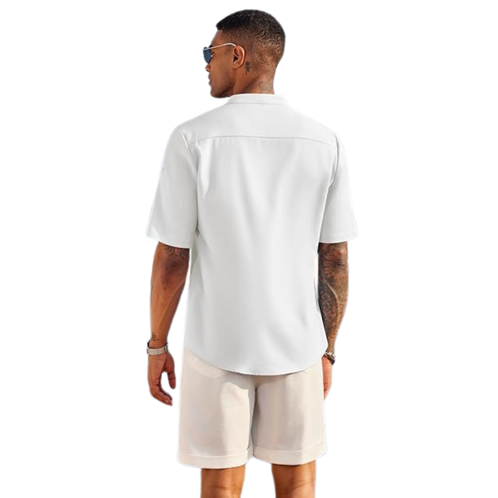 Casual Henley Short Sleeve Summer Wear Shirts For Men With Band Collar