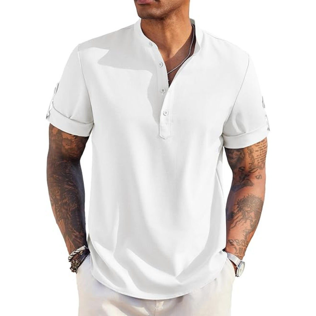 Casual Henley Short Sleeve Summer Wear Shirts For Men With Band Collar