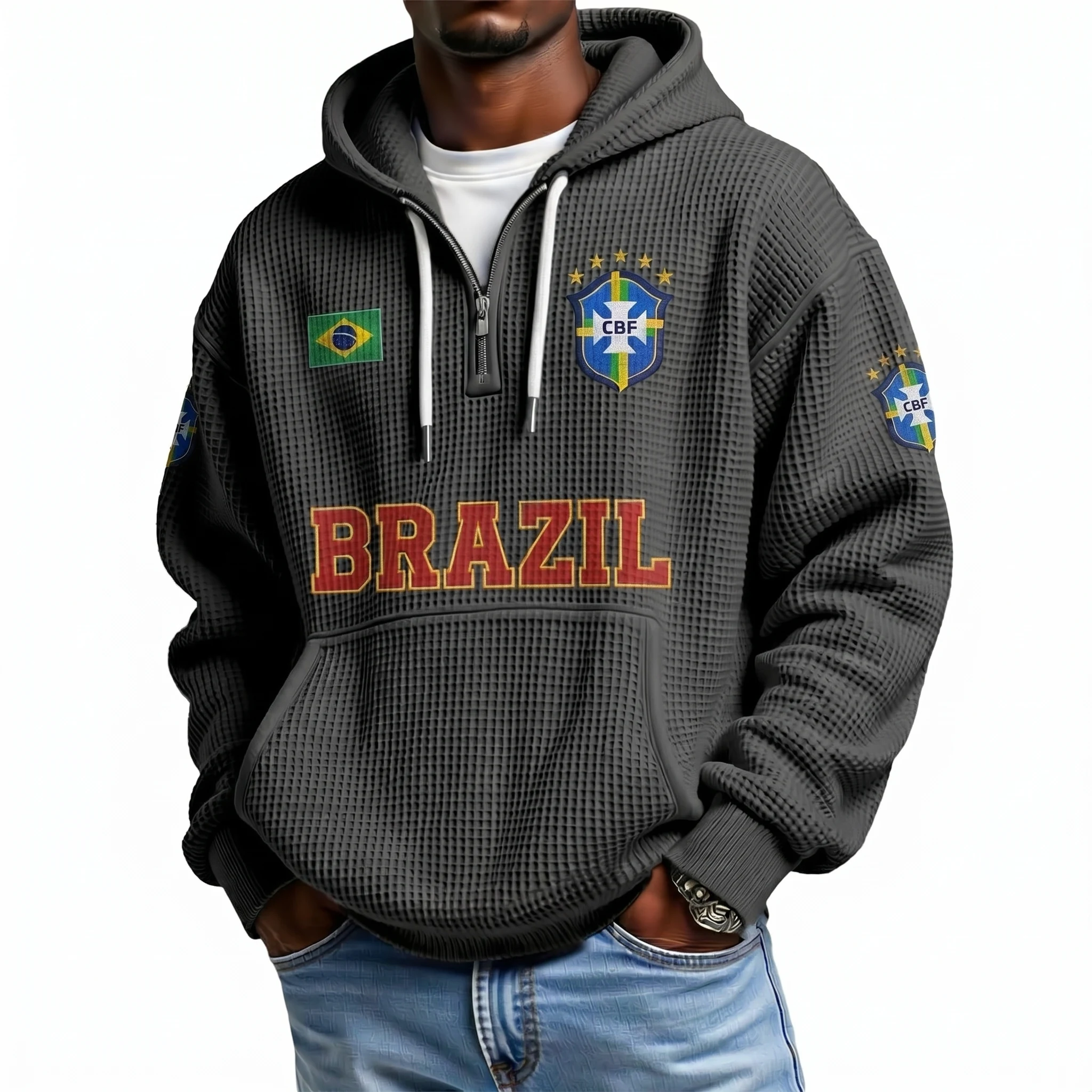 Brazil Printed Waffle Quarter Zip Football Fan Hoodie