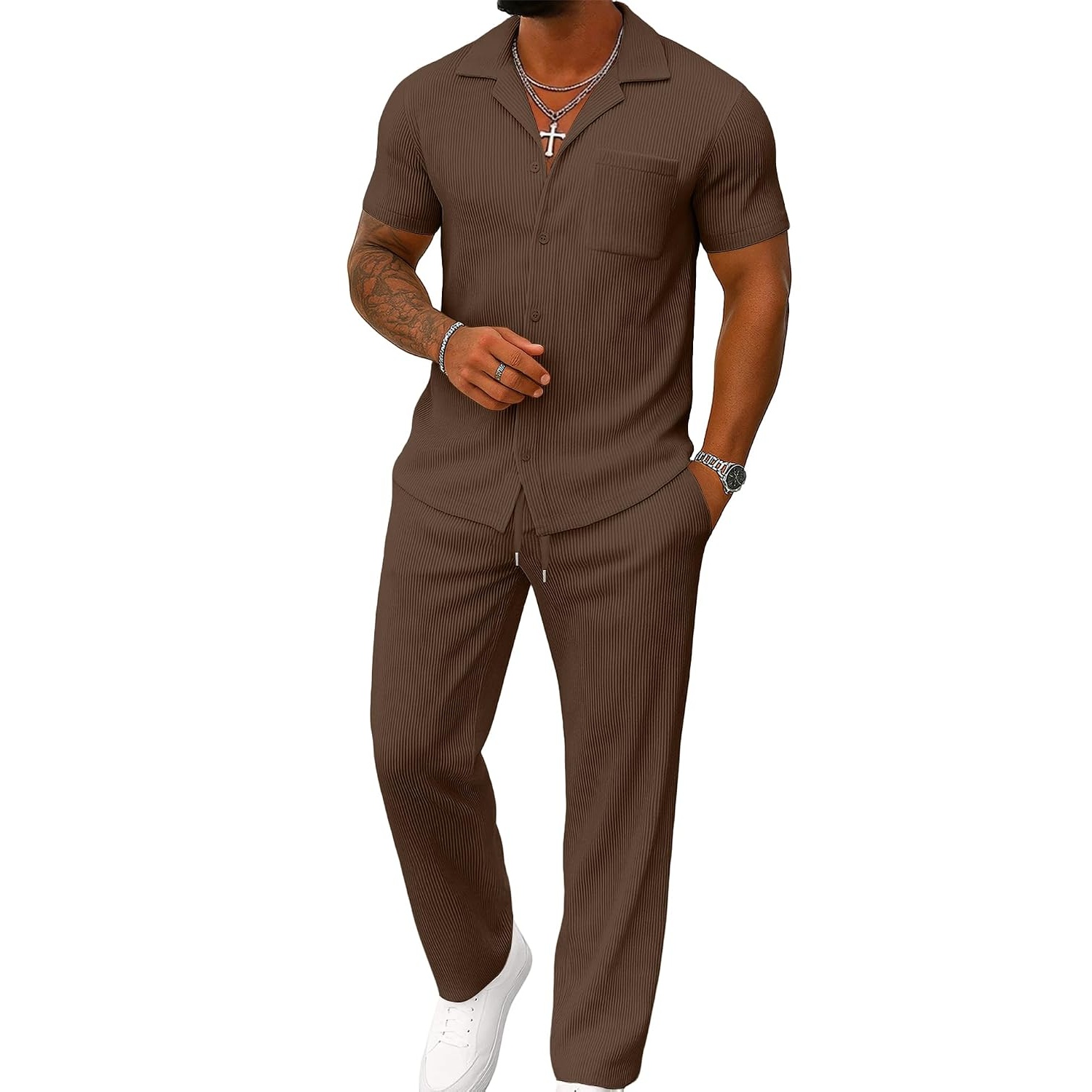 Casual Summer Short Sleeve Shirt With Pant Set For Men