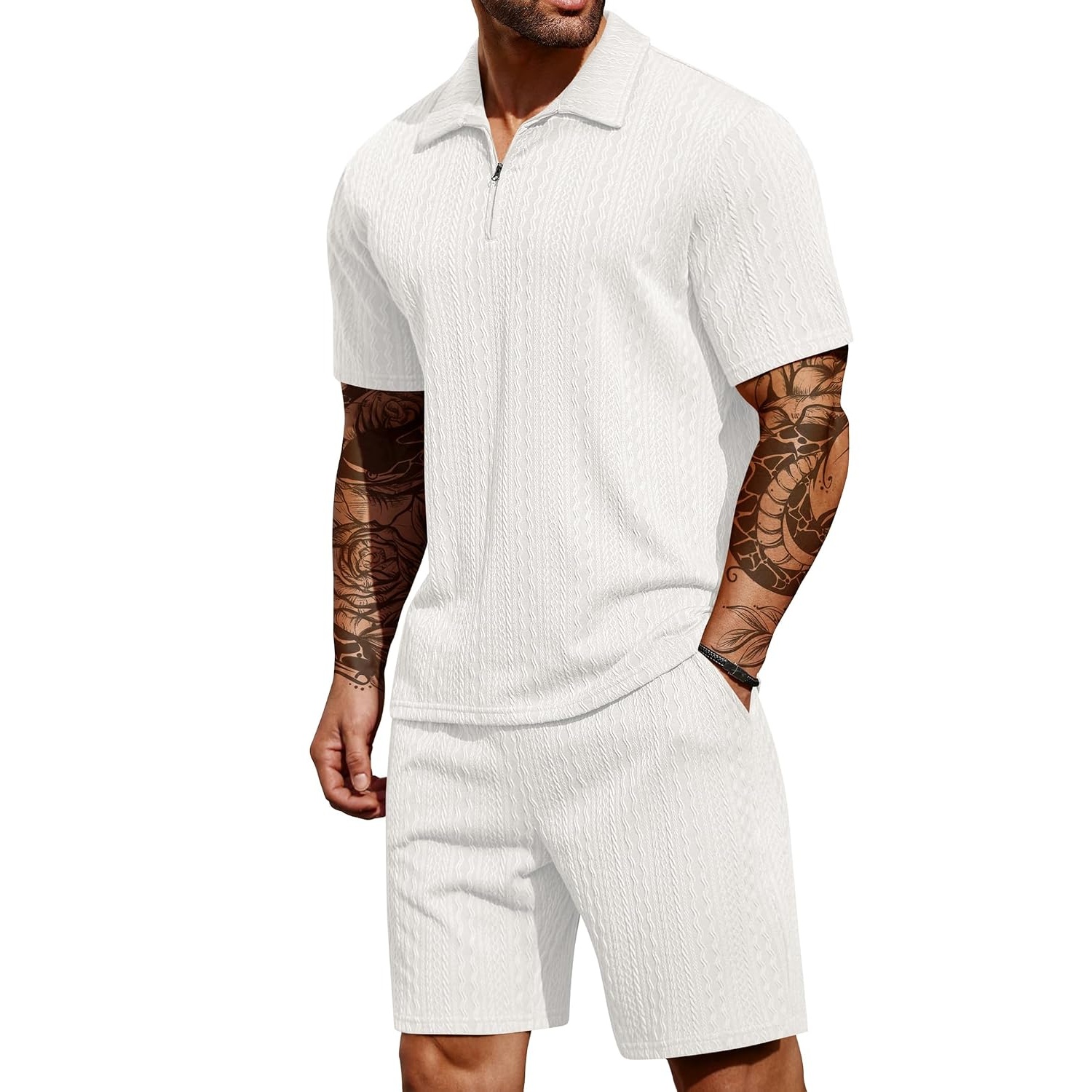 Casual Summer Athletic Quarter Shorts And Polo Shirt Set For Men