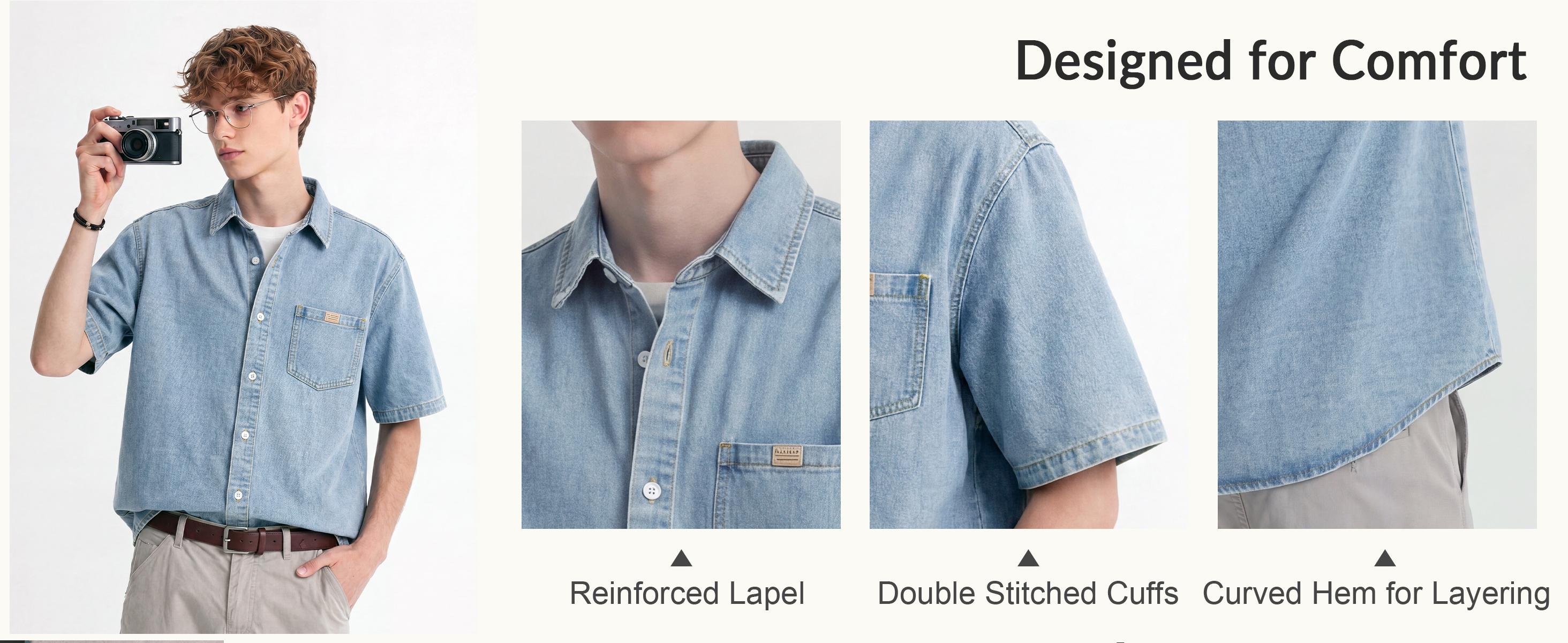 Men's Vintage Light-Wash Cotton Denim Shirt, Relaxed Fit Short-Sleeve Button-Down Casual Streetwear Top, Plain Mens Clothes