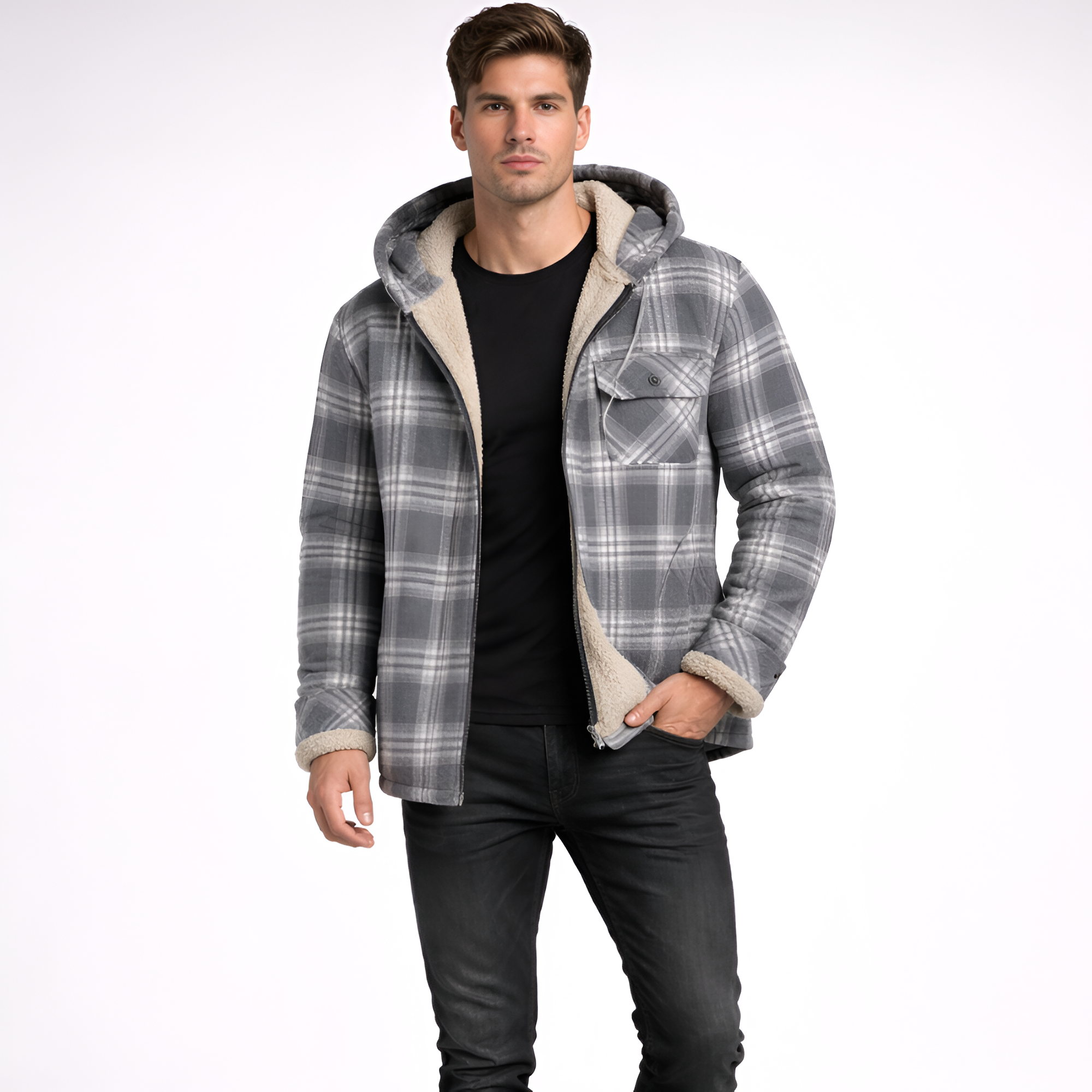 Plaid Fleece Lined Full Zip Flannel Jacket With Hood For Men
