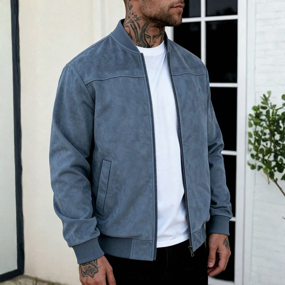 Suede Bomber Jacket With Full Zip Stand Collar For Men
