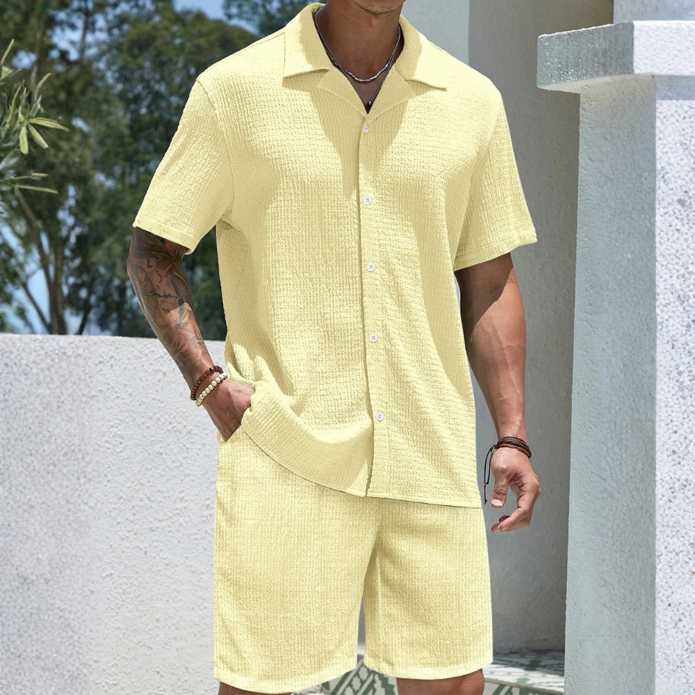 2 Piece Of European Style Jacquard Short Sleeve Shirt And Pants Outfit Set For Men