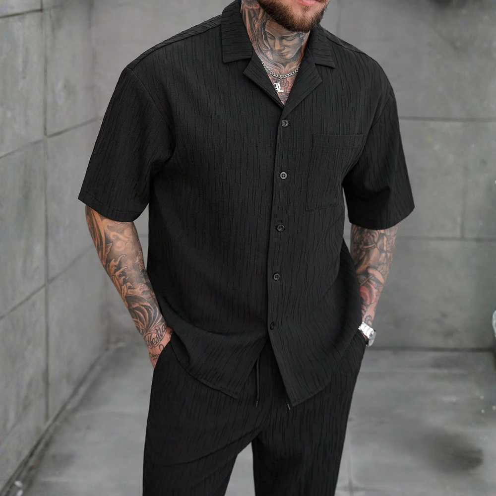 Linen Short Sleeve Ruffle Tape Shirt And Drawstring Pants For Men