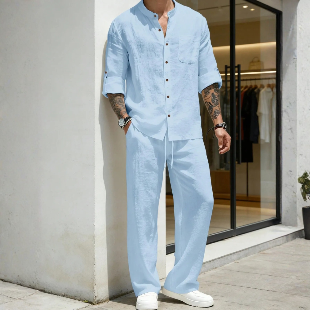 Lightweight Loose Long Sleeve Button Up Shirt And Straight Pants For Men