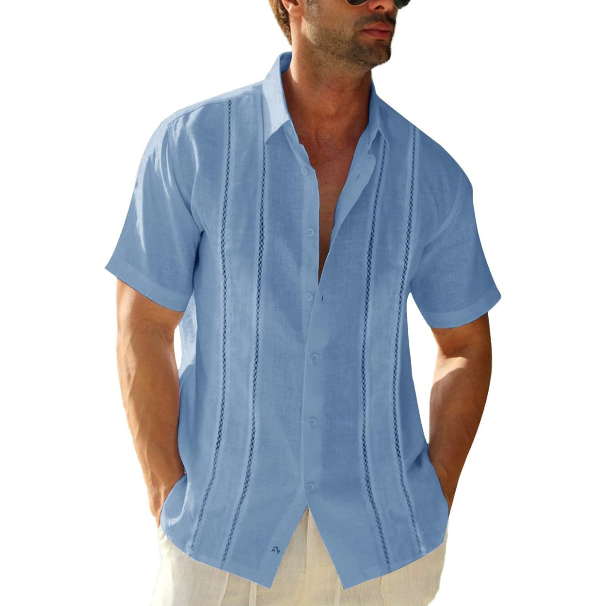 Men Casual Guayabera Embroidered Button Down Shirt
