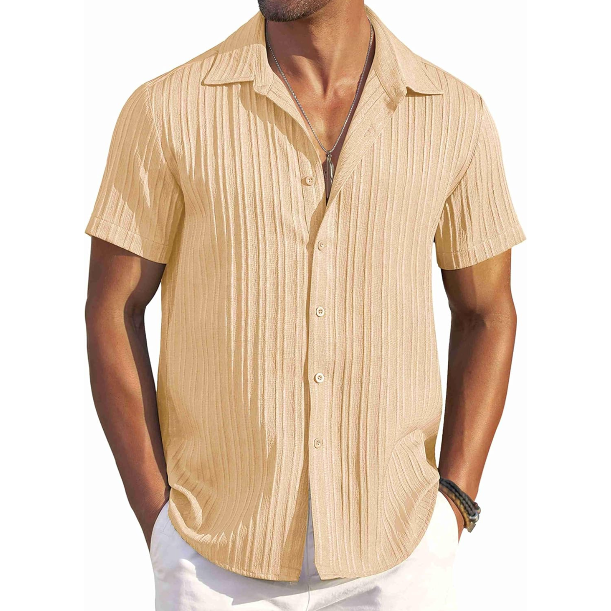 Casual Short Sleeve Textured Button Down Summer Beach Shirt For Men 