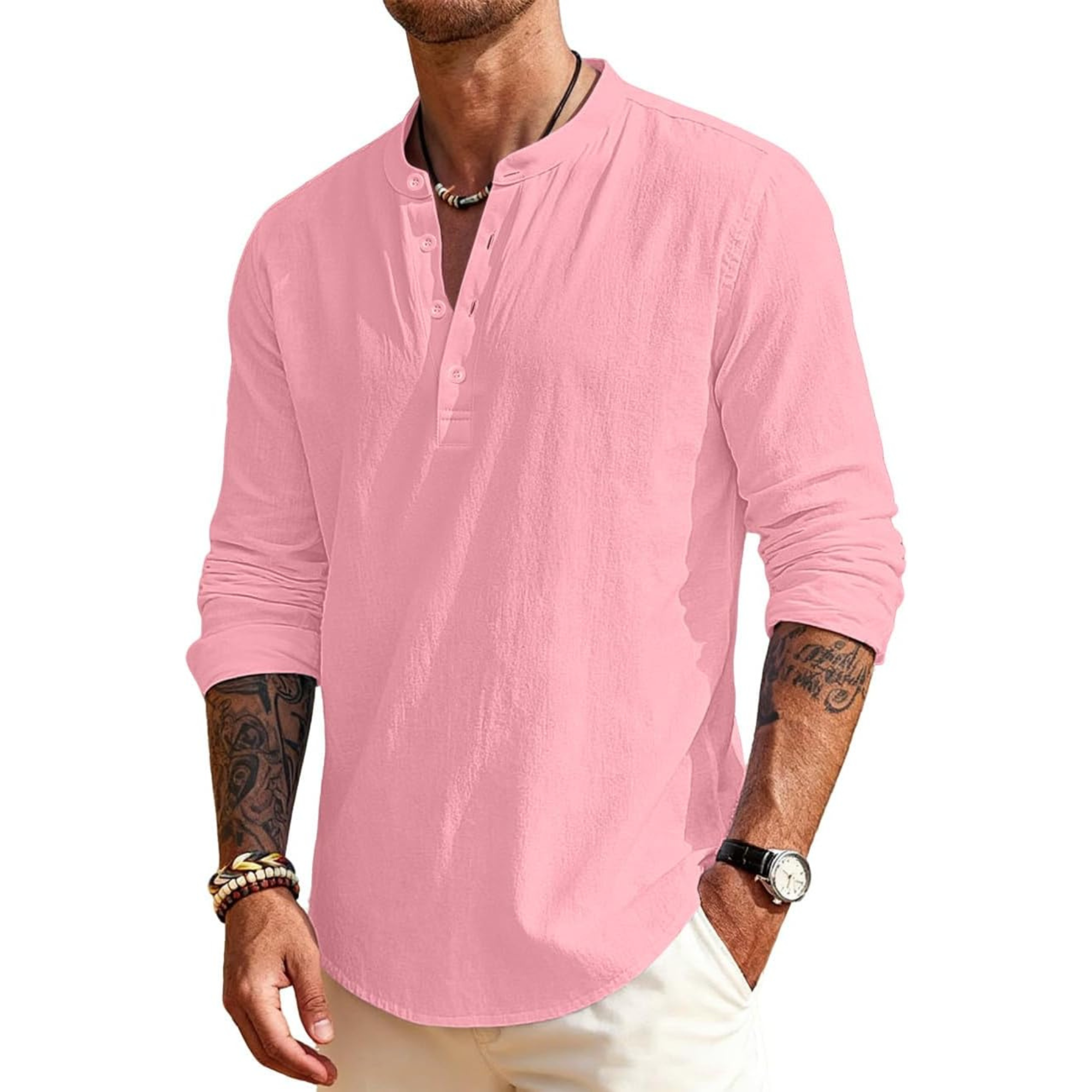 Linen Henley Long Sleeve Casual Beach Shirts